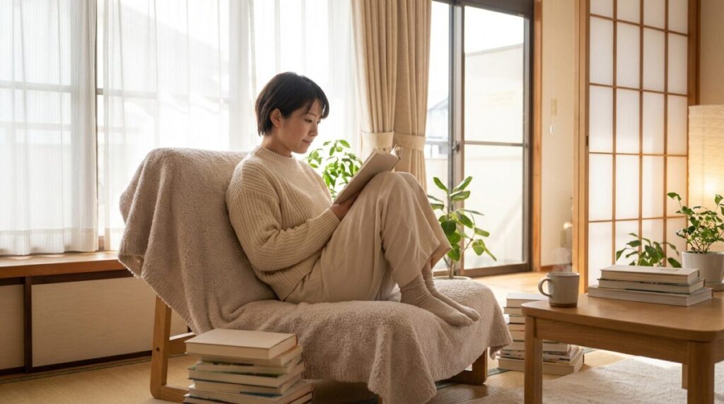 本を読んで癒やされている女性